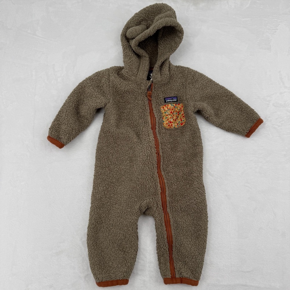 Patagonia Brown Teddy Fleece Hooded One-Piece Footie with Rust Trim